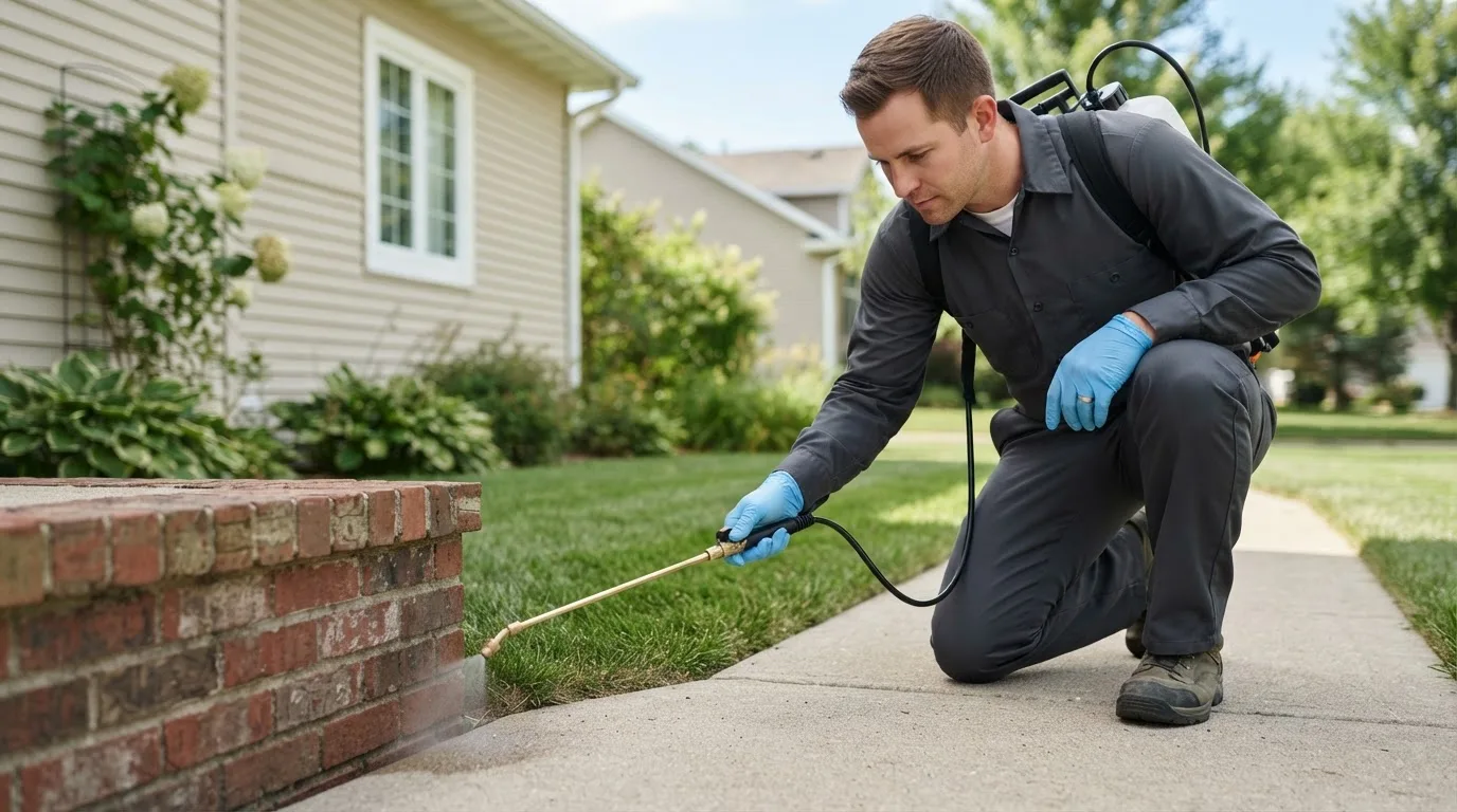 Pest control technician treating a home near Hewlett, NY