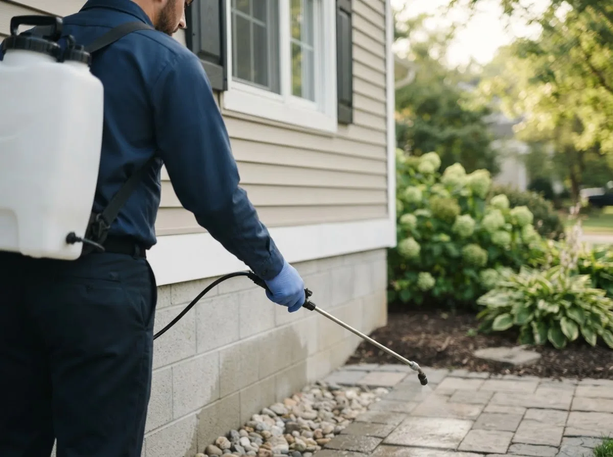 Pest control technician inspecting a home in Hewlett, NY